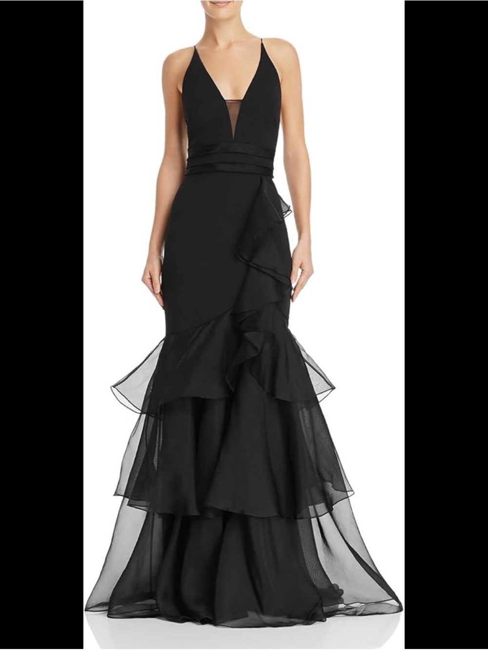 NEW Black Formal Ruffled V-Neck Dress with Sheer Inset